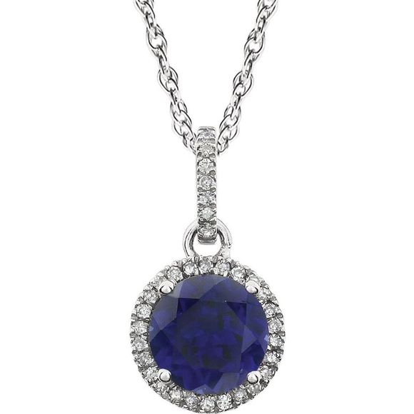 14k White Gold Lab Cr. Blue Sapphire & 1/10ctw Diamond Necklace 18 In